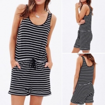 Fashion Sleeveless Round Neck Striped Romper
