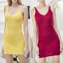 Elegant Solid Color V-neck Slim Fit Sling Dress
