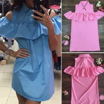 Sexy Off-shoulder Ruffle Solid Color Shirt Dress