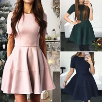 Elegant Solid Color Short Sleeve Round Neck High Waist Dress