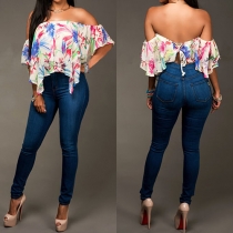 Sexy Off-shoulder Irregular Hem Printed Crop Top