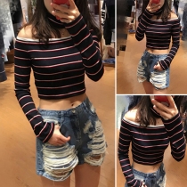 Sexy Off-shoulder Boat Neck Long Sleeve Striped Crop 