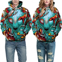 Fashion Creative Digital Wolf Printed Long Sleeve Front Pocket Hoodie Sweatshirt 