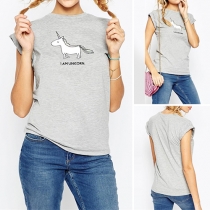 Fashion Casual Unicorn Printed Round Neck Short Sleeve T-shirt 