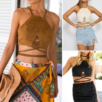 Sexy Backless Off-shoulder Lace-up Hem Solid Color Crop Top