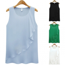 Fashion Solid Color Sleeveless Round Neck Ruffle Chiffon Top 