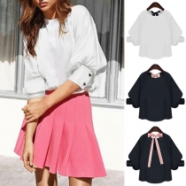 Fashion Solid Color 3/4 Sleeve Round Neck Lace-up Bowknot Top