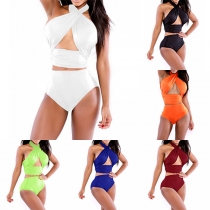 Sexy Solid Color High Waist Crossover Halter Bikini Set