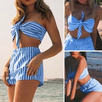 Sexy Knotted Bandeau Top + High Waist Shorts Striped Two-piece Set