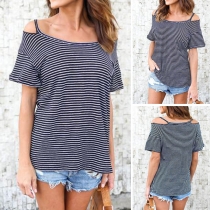Fashion Off-shoulder Short Sleeve Casual Striped T-shirt