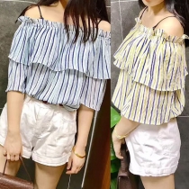 Sexy Off-shoulder Boat Neck Ruffle Stripe Blouse 