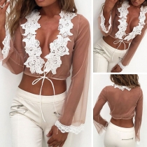 Sexy Style Lace Spliced Deep V-neck Long Sleeve See-through Gauze Crop Top