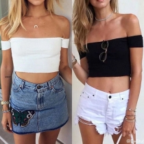 Sexy Style Solid Color Boat Neck Short Sleeve Crop Top