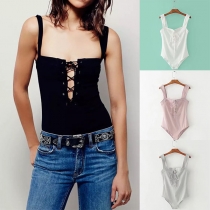 Sexy Backless Lace-up Deep V-neck Solid Color Bodysuit        