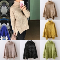 Fashion Mixed Color Long Sleeve Turtleneck Slit Hem Sweater