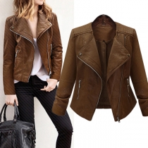 Fashion Solid Color Long Sleeve Slim Fit Oblique Zipper PU Leather Jacket 