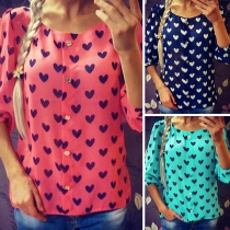 Sweet Style Heart Printed Long Sleeve Round Neck Single-breasted Chiffon Top