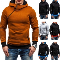 Fashion Contrast Color Long Sleeve Oblique Zipper Men's Hoodie 