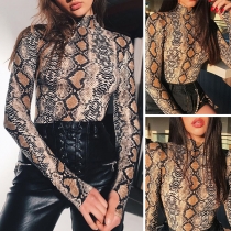 Sexy Snakeskin Printed Long Sleeve High Neck Bodysuit