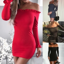 Sexy Off-shoulder Boat Neck Long Sleeve Slim Fit Knit Dress