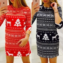 Fashion Half Sleeve Round Neck Slim Fit Printed Dress