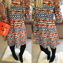 Fashion Long Sleeve Round Neck Pumpkin & Wavy-stripe Printed Dress