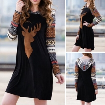 Fashion Elk Printed Long Sleeve Hooded Dress