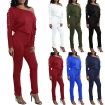 Sexy Oblique Shoulder Lace-up Dolman Sleeve High Waist Solid Color Jumpsuit