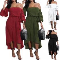 Sexy Off-shoulder Boat Neck Puff Sleeve High-low Hem Solid Color Dress