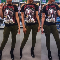 Sexy Hollow Out Lace-up Short Sleeve Printed T-shirt