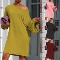Hip-hop Style Oblique Shoulder Puff Sleeve Solid Color Dress
