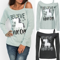 Sexy Off-shoulder Long Sleeve Letters Printed T-shirt