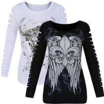 Fashion Hollow Out Long Sleeve Round Neck Printed T-shirt