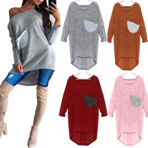 Fashion Contrast Color Long Sleeve Round Neck High-low Hem Knit Top