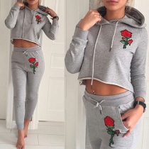 Fashion Rose Embroidered Long Sleeve Hoodie + Pants Two-piece Set