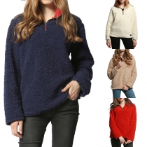Fashion Solid Color Long Sleeve Stand Collar Plush Sweatshirt 