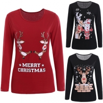 Cute Elk Printed Long Sleeve Round neck Slim Fit T-shirt