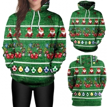 Cute Santa Claus & Bell Printed Long Sleeve Hoodie