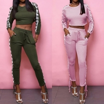Sexy Long Sleeve Lace-up Crop Top + High Waist Pants Two-piece Set
