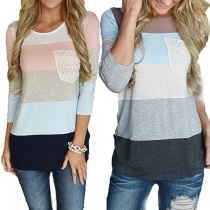 Fashion Contrast Color Long Sleeve Round Neck Lace Spliced T-shirt