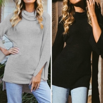 Fashion Solid Color Slit Trumpet Sleeve Turtleneck High-low Hem Knit Top