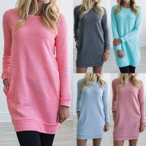Fashion Solid Color Long Sleeve Round Neck Sweatshirt Dress