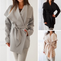 Elegant Solid Color Long Sleeve Lapel Woolen Coat with Waist Strap