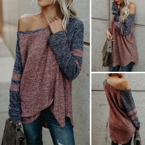 Sexy Oblique Shoulder Long Sleeve Contrast Color T-shirt