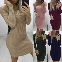 Simple Style Long Sleeve Round Neck Solid Color Slim Fit Knit Dress