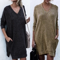Fashion Solid Color Long Sleeve V-neck Slit Hem Knit Dress