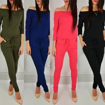 Sexy Hollow Out 3/4 Sleeve Round Neck Solid Color Jumpsuit