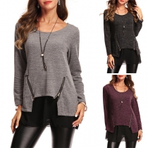 Fashion Contrast Color Long Sleeve Round Neck Mock Two-piece Top
