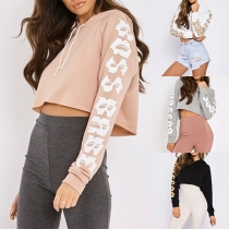 Fashion Printed Long Sleeve Hooded Sweatshirt Crop Top