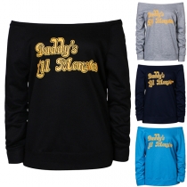 Sexy Off-shoulder Boat Neck Long Sleeve Letters Printed Sweatshirt 